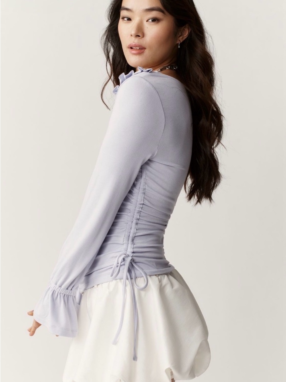 Maeve Lavender Ruched-Side Long Sleeve Top